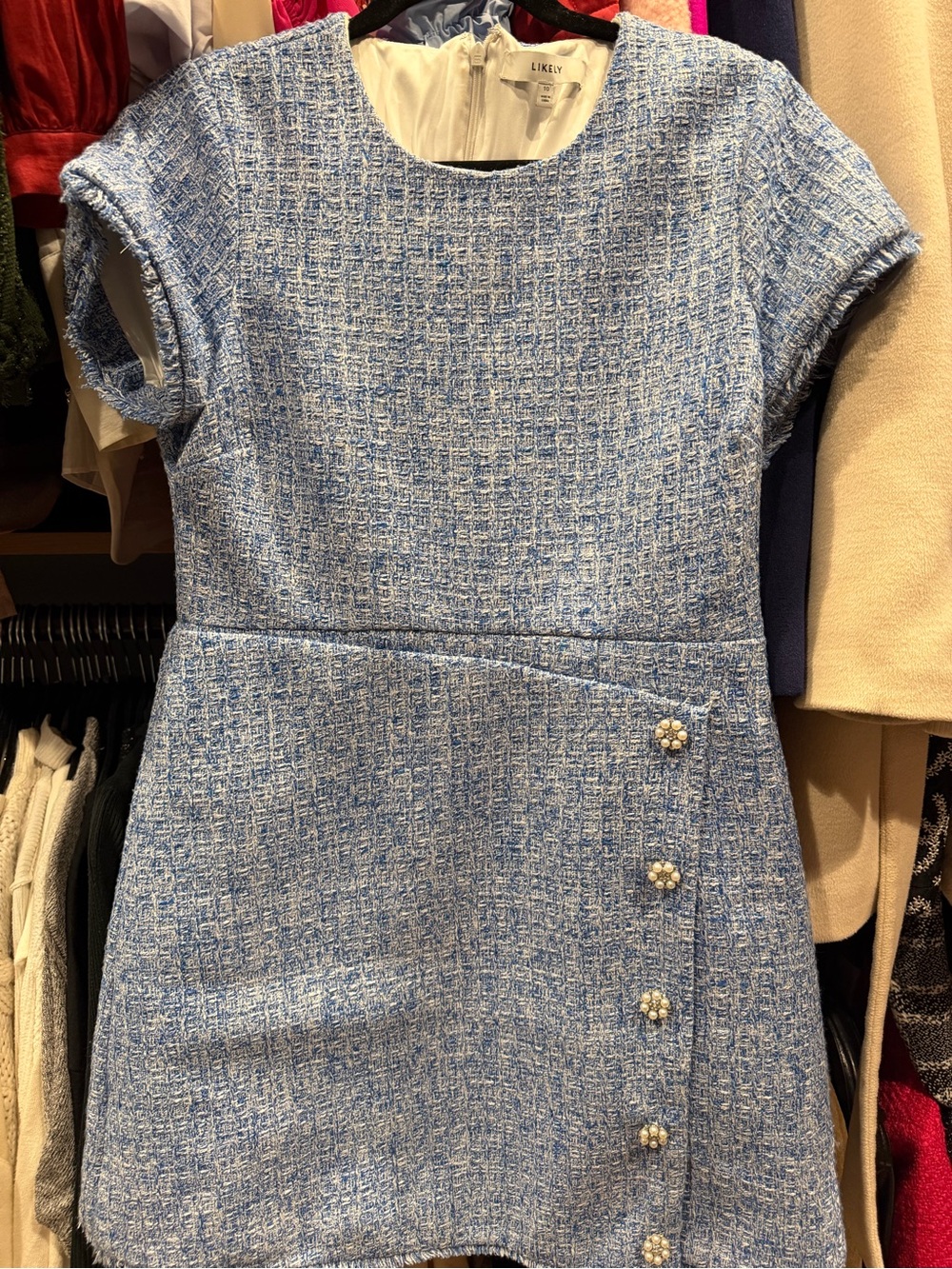 Likely Blue Tweed Mini Dress with Pearl Buttons